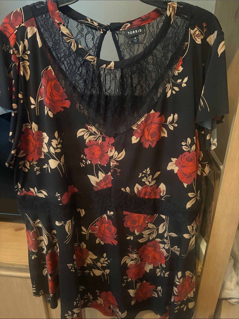 torrid Black Floral Lace-Trim Blouse with Red Roses